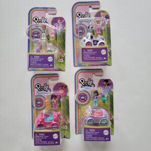 4 x Polly Pocket die-cast metal cars with dolls, brand new in package